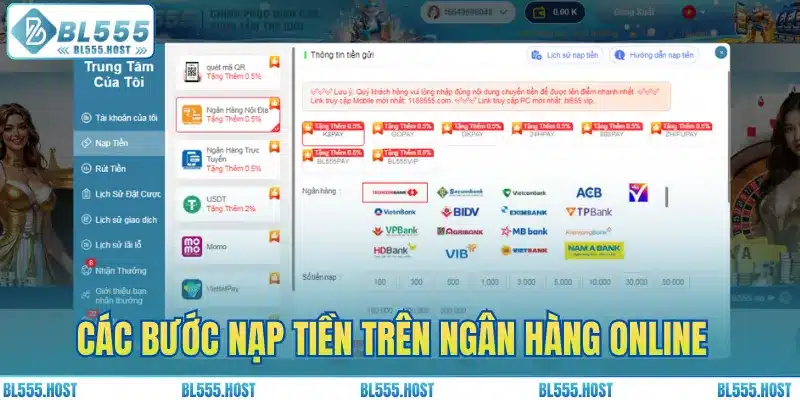 Các bước nạp tiền trên ngân hàng online